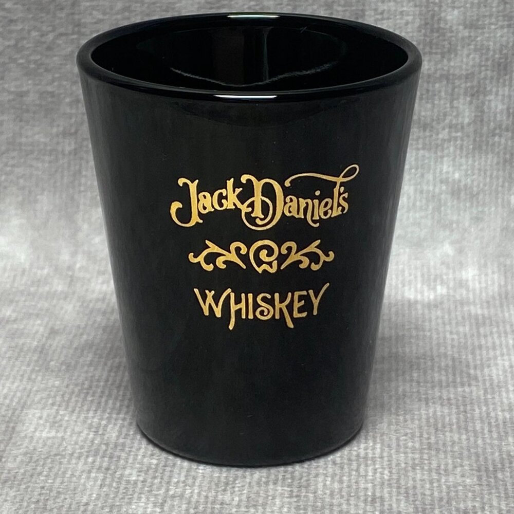Jack Daniel's Vintage Black Ceramic Shot Glass Gold Lettering Whiskey Libbey